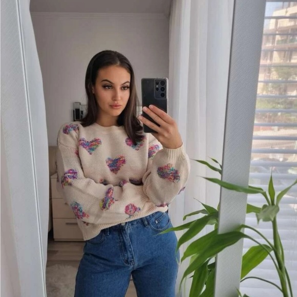 Sweater heart rainbow knit womens fuzzy cute - Picture 10 of 13